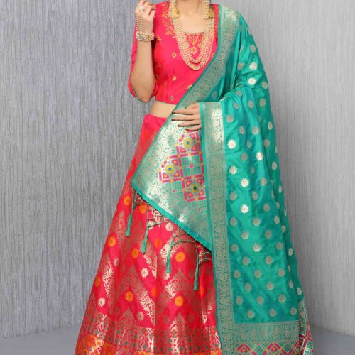 Red Color Printed Vaishali Silk Lehenga Set With Muslin Silk