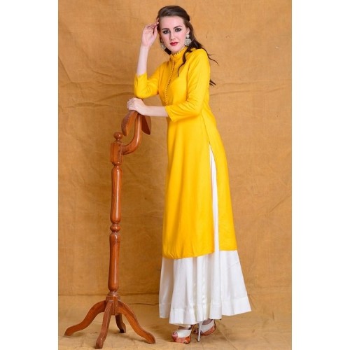 Yellow Readymade Printed Asymmetric Kurti Skirt Set Indo Western 214TB07