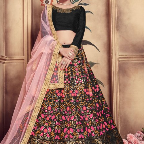 Lehengas - Buy Black And Pink Multi Embroidery Silk Lehenga Choli At Hatkay