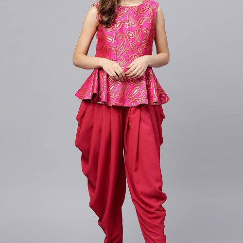 Buy Pink Embroidered Short Kurta With Dhoti Pants And Green Dupatta Online  - Aurelia