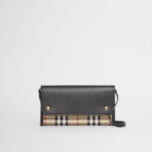 ヴィンテージチェック＆レザー フォンケース ウィズ ストラップ