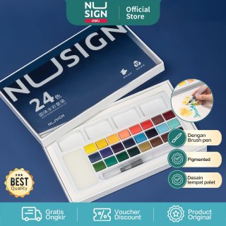 Nusign Solid Watercolor Paint / Set Cat Air Padat 24 Warna Gratis Brush Pen NS733