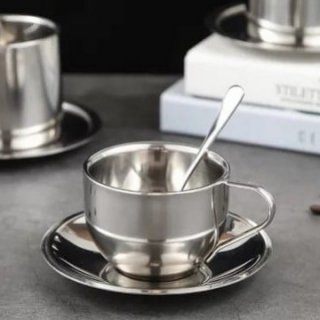 Cangkir Kopi Teh Food Grade Stainless Steel Set Tea Cup Saucer Spoon - SILVER