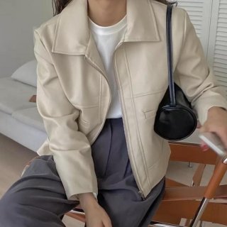 Kemeja Cream Jaket Kulit Crop Leather Jacket Lengan Panjang 