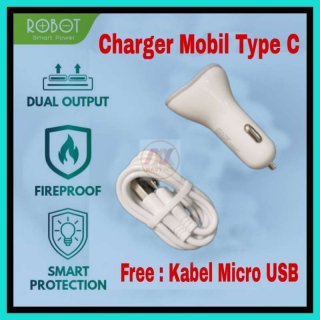 Robot C08 Charger Mobil Type C Dual USB 4.8A Car Charger 3 Port