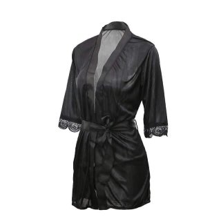 Ivy Lingerie Sexy Kimono Silk Robe Bathrobe + G String Black Hitam