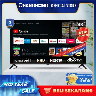 Changhong 43 Inch Newest Android 11 Frameless Smart TV Digital LED TV FHD -Netflix-Youtube-Google Playstore (L43G7N)