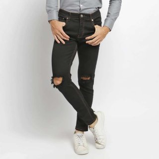 VENGOZ Celana Skinny Jeans Pria Premium - Black Ripped Gold Stitch
