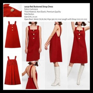 Red Buttoned Strap Dress Impor Baju Wanita Fashion 