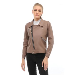 Hamlin Glenice Jacket Outer Fashion Wanita Zipper Pocket Elegant Design Material Leather ORIGINAL - Mocca