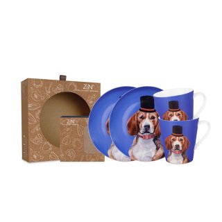 20. ZEN Dinner Set Cute Glamorous Pet Genius Beagle 2 Plate 2 Mug with Box