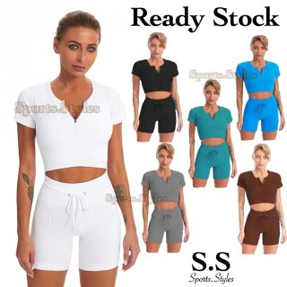 Sports.Styles.id Setelan Baju Crop-top Sleting + Celana pendek 4/5 TIE olahraga wanita/Fitness/GYM