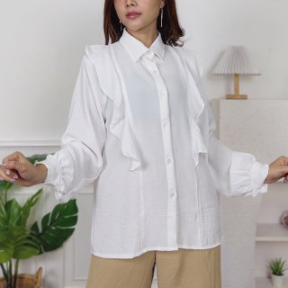 Kemeja Crincle Wanita Putih Atasan Baju Polos Kekinian Katun Terbaru