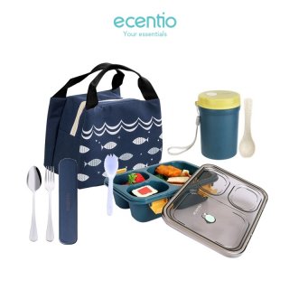 26. ecentio Kotak Makan set Lunch Box tas set/3 Grid, Praktis Dibawa