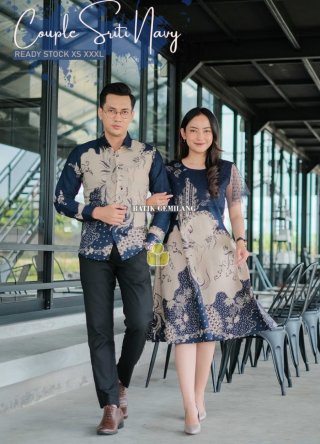 Couple Batik Motif Sriti Navy Dress & Kemeja Batik Premium Original.