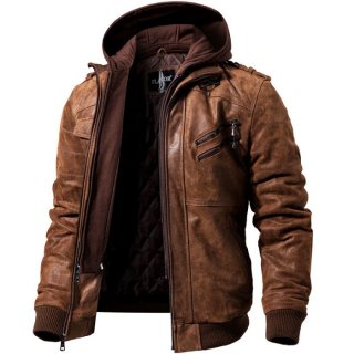 20. Flavor Men Brown Leather Motorcycle Jacket with Removable Hood, Jaket Bomber Serbaguna