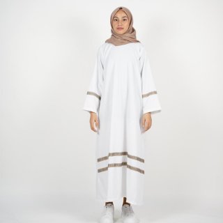 Abaya Gamis Classic White Etnic Stripes Katun Premium Quality