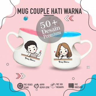 5. Mug Couple Hati Warna , Desain Eksklusif Bisa Diberi Nama