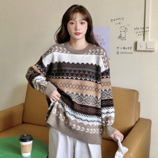 Sweater Kerah Kru Wanita Vintage Longgar