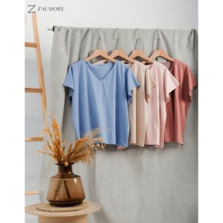Zalmore Women Vneck Loose T-Shirt Premium Cotton - Kaos Wanita