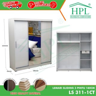Lemari Pakaian HPL+Kaca sliding 3 Pintu Putih Glossy