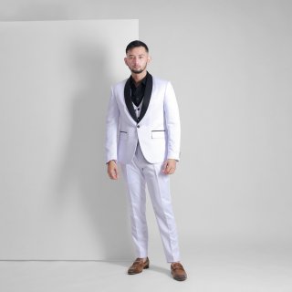 30. Goldy Outfit Setelan Jas & Celana Putih Lapel Hitam - Peaky Premium