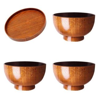 Vintage Handmake Japanese Wooden Rice Bowls Soup Bowls Serving Tray Set