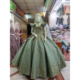 Baju pakaian gaun pengantin busana pernikahan wanita gown dress wedding dress mekar busa muslim perempuan hijab syari warna hijau