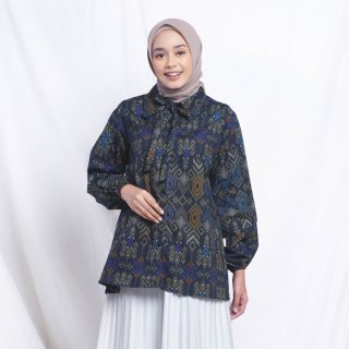 18. DGM Kemeja Wanita Batik Lengan Panjang Songket Tosca Casual B 004, Baju Kuliah dengan Kearifan Lokal