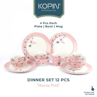 11. PIRING SET Hanna Pink 12 Pcs Porcelain | KOPIN, Set Lengkap untuk Makan