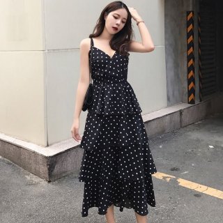 Dress Sling Bahan Sifon Motif Polkadot untuk Wanita