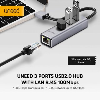 UNEED Adapter USB HUB to LAN Ethernet RJ45 + 3ports USB A - UUH104