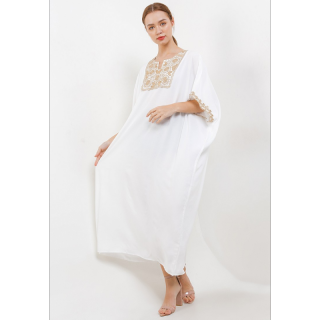 Chic Simple Gold Color Lace Rayon Kaftan White