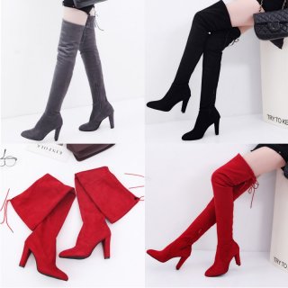 Women Long Stretch Over the Knee Boots Thigh High Heeled Boots Zipper Lace Shoes