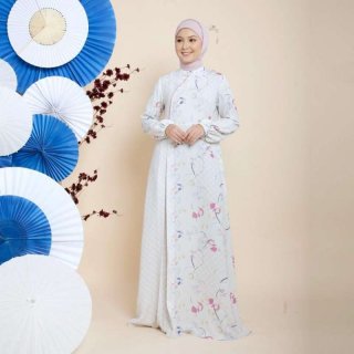 Zoya Haruma Dress Putih - Gamis Motif Wanita - Wudhu Friendly