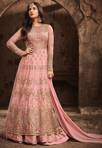 baby pink and pale peach lehenga