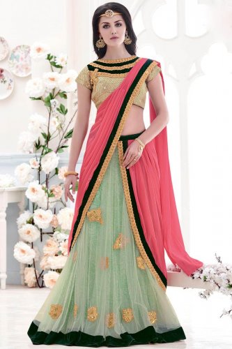 Silk Georgette Pink Wedding Lehenga Style Saree Online | Bagtesh Fashion