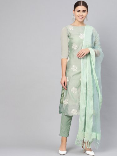 Jaipur Kurti Salwar Suits and Sets  Buy Jaipur Kurti Green Solid Kurta  with Trouser and Dupatta Set of 3 Online  Nykaa Fashion