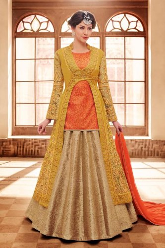 Party Wear Green with Yellow Long Kurti Lehenga with Price