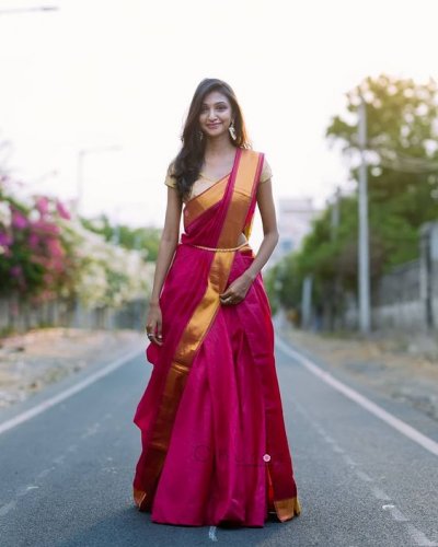 Buy Pink Silk Zari Weaving South Indian Onam Festival Half Saree Lehenga  Online