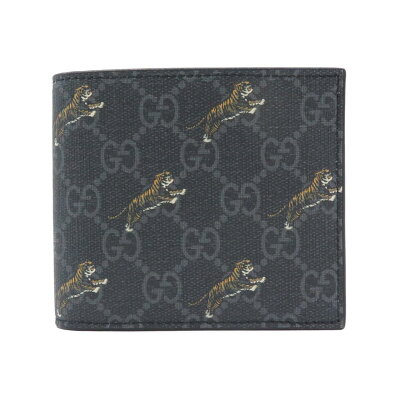 GUCCI 575132-G2BAN-1087グッチ メンズ タイガープリント 二折財布GGスプリームキャンバス×カーフスキンレザーブラック×グレー×シルバー