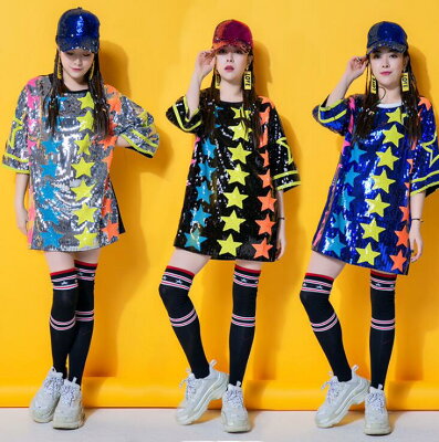 レディースダンス衣装 ジャズ ヒップホップ スパンコール ダンス衣装 トップス Tシャツ スパンコールTシャツ キラキラ ジャズダンス DS 舞台演出服 カラオケ チアガール 星柄 3色