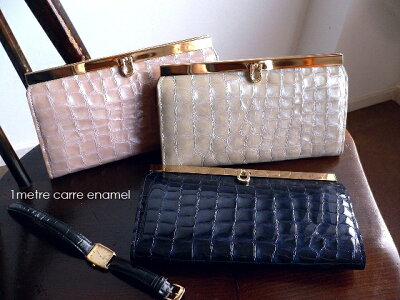 ノベルティ&レザークリームプレゼント 1metre carre アンメートルキャレ エナメル クロコ型押し レザー プルアップ がま口 長財布 EN30307 グレー/ベージュ/ネイビー/ピンク