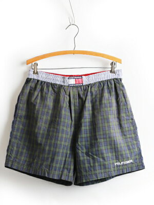 ■返品不可■ 90s■TOMMY HILFIGERトミーヒルフィガー チェックxストライプ 切替 スイム ショーツ(男性 メンズ M)トランクス ナイロンショーツ古着90年代