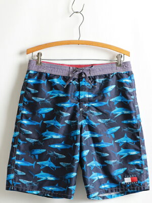 ■返品不可■ 90s■TOMMY HILFIGER トミーヒルフィガー シャーク 総柄 インナー付 スイム ショーツ (男性 メンズ L )トランクス ナイロンショーツ 90年代