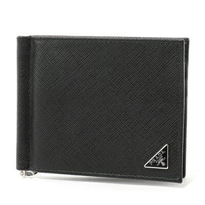 PRADA プラダ 2MN077 QHH F0002 メタルマネークリップ付 二つ折り財布 サフィアーノ レザー ロゴ金具プレート カラーNERO メンズ
