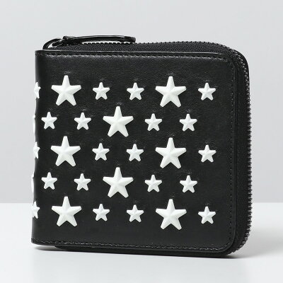 Jimmy Choo ジミーチュウ LAWRENCE ENL スタースタッズ装飾 レザー ラウンドファスナー 二つ折り財布 小銭入れ付き BLACK/WHITE メンズ