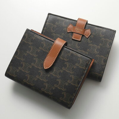 CELINE セリーヌ 10B642DB7.04LU ミディアム トリオンフキャンバス ストラップウォレット キャンバス ラムスキン 二つ折り財布 小銭入れ付き Tan レディース