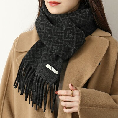 FENDI フェンディ マフラー FXS124 AH85 レディース スカーフ FFロゴ フリンジ カシミヤ混ウール F0UY7/ANTHRACITE+BLACK