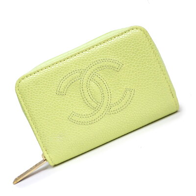 【新品・未使用品】シャネル CHANEL ココマーク ダブルステッチ コインケース 小銭入れ 財布 キャビアスキン レザー ライトグリーン 黄緑 A68890 箱付 訳あり